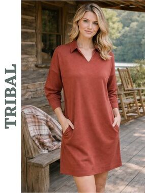 Tribal Mahogany Collared Pocket Dress Small Stretch